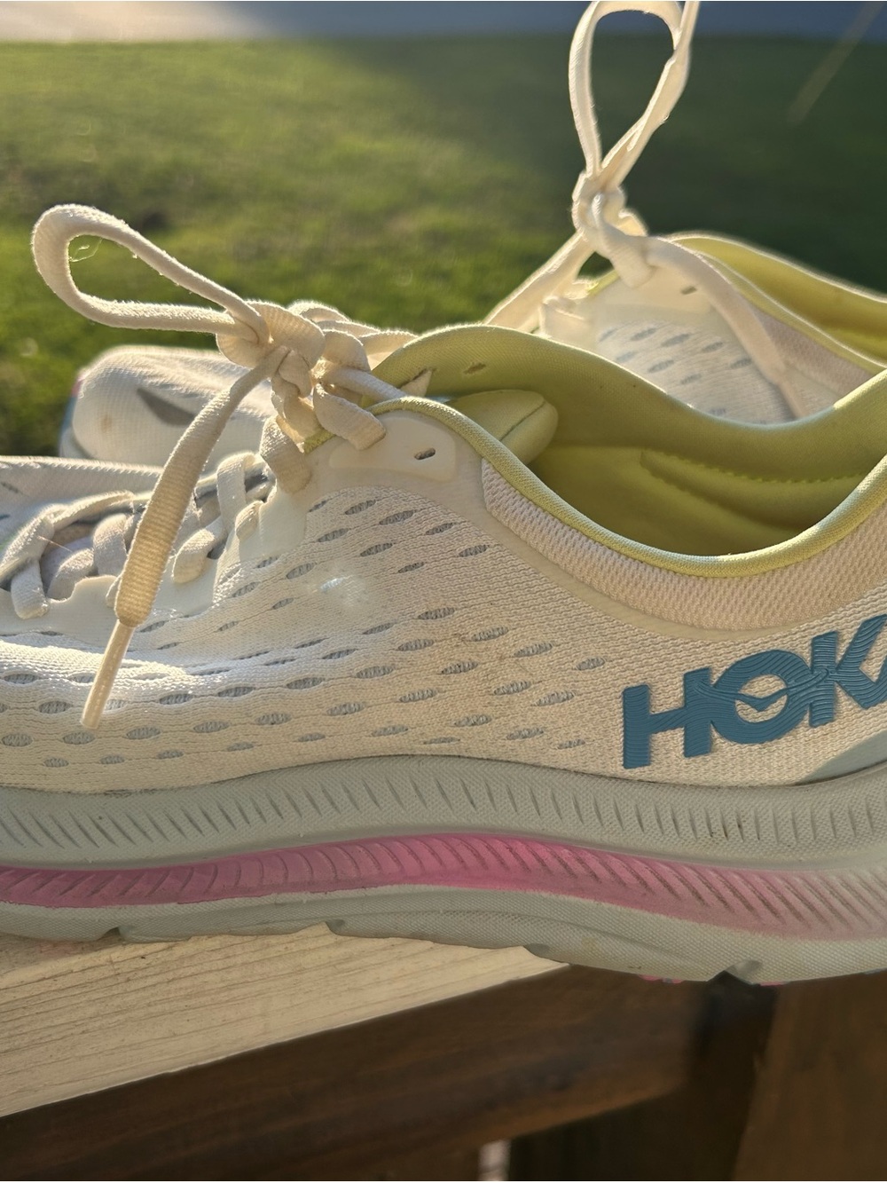 Hoka One One Women's White Running Shoes with Pastel Blue, Pink & Yellow Accents - Picture 10 of 11